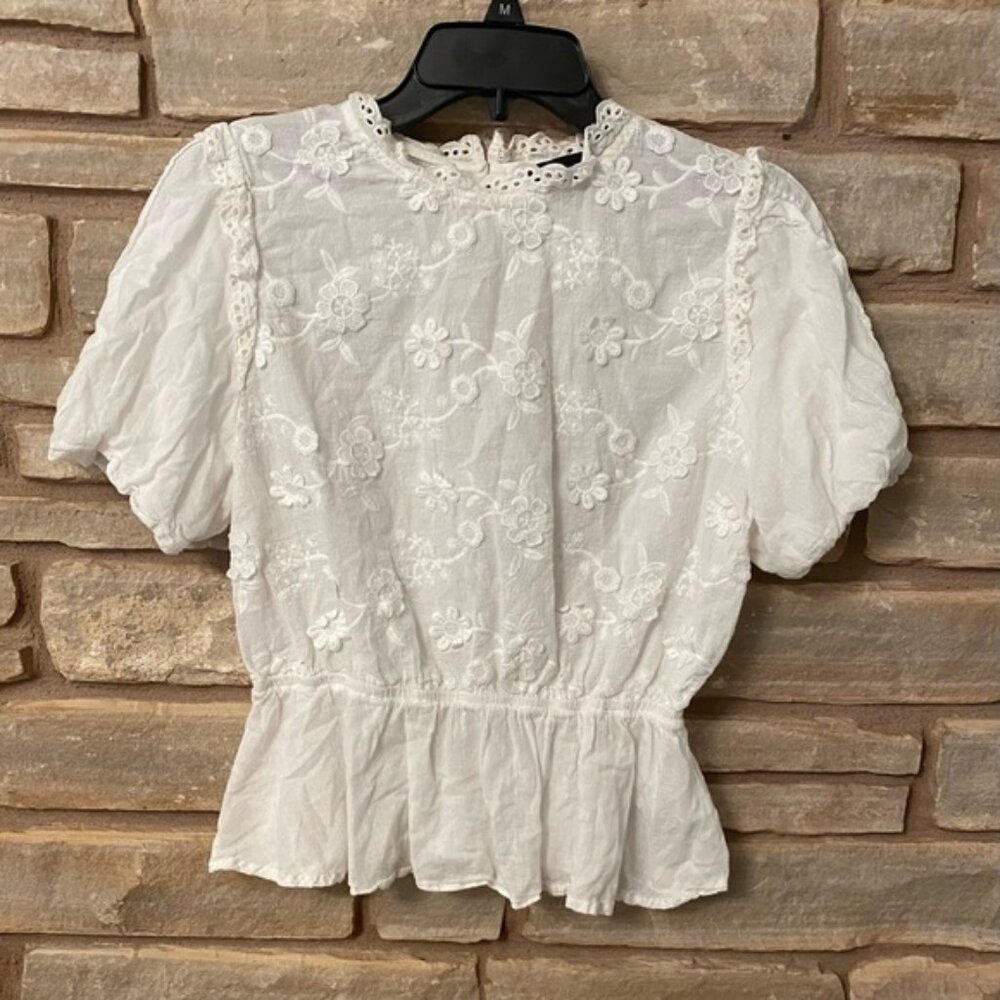 Alice & blue Puff Sleeve Three-Dimensional Flower embroidered top size L